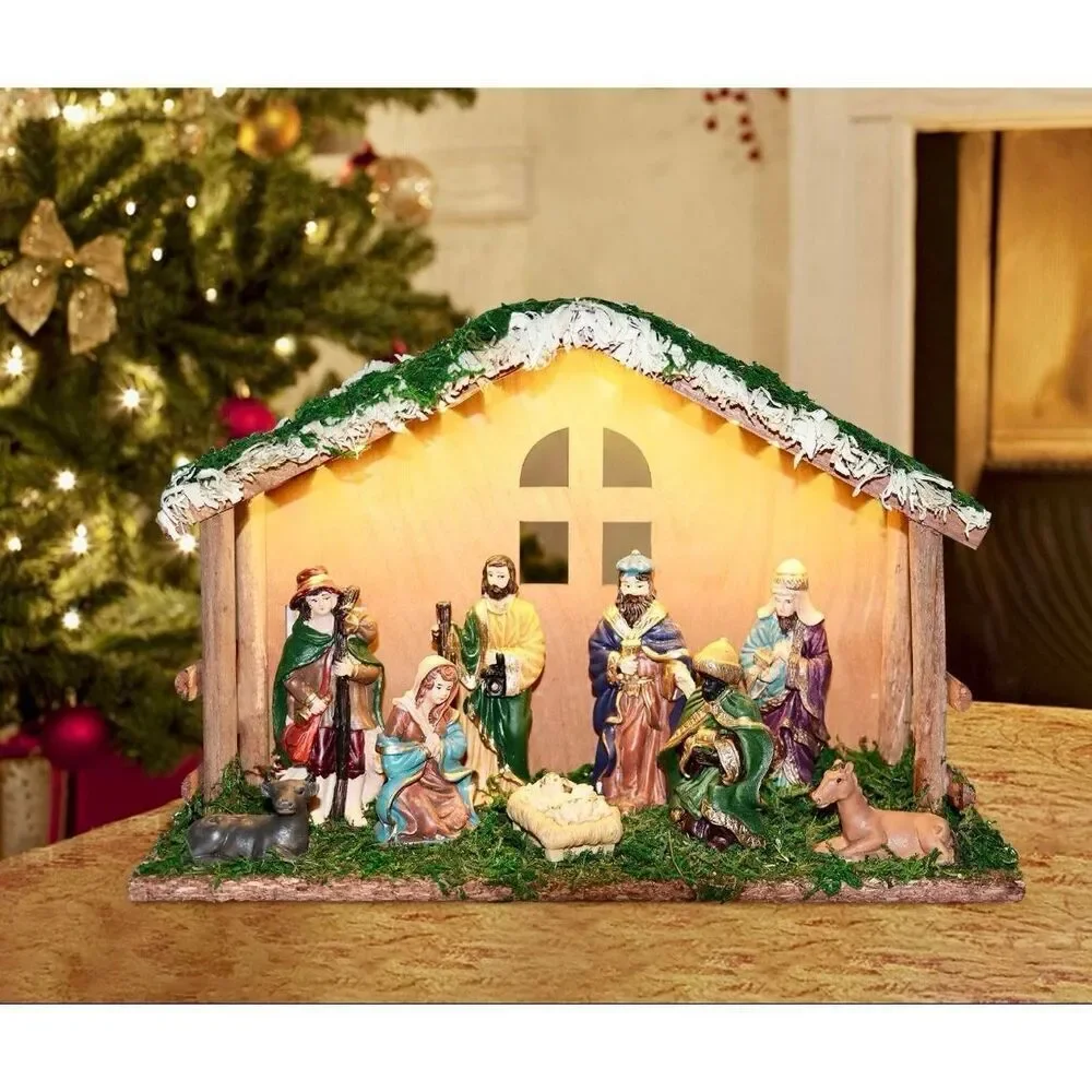 Lighted Christmas Nativity Set, Nativity Sets for Christmas Indoor w/Wooden Stal